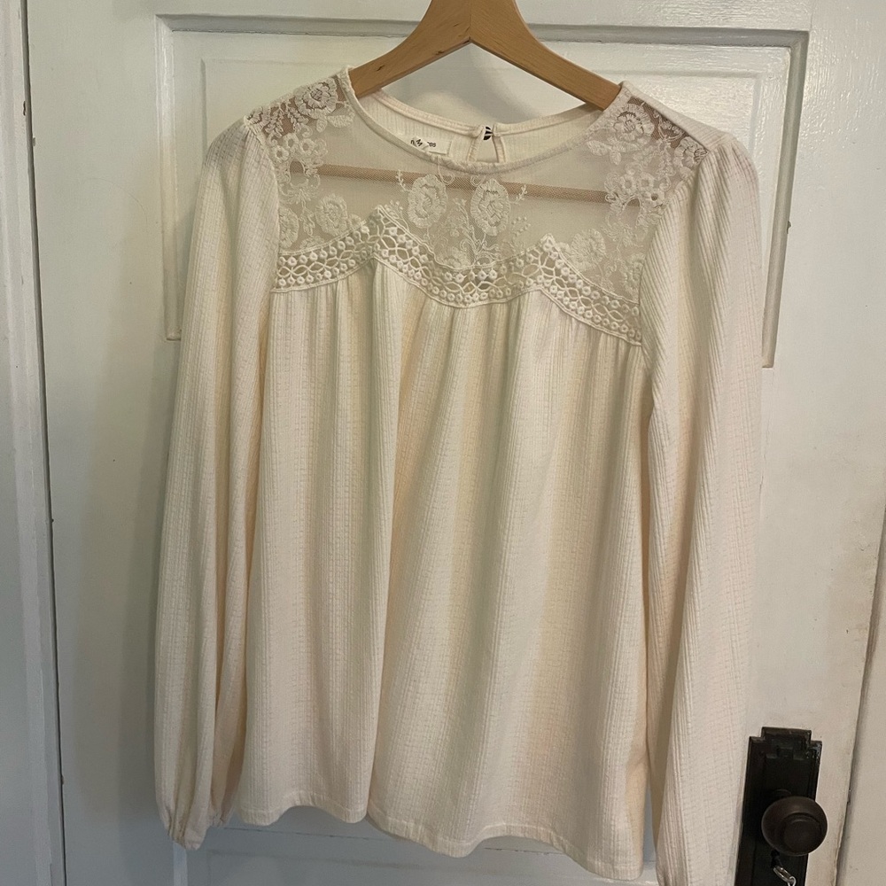 Maurices Cream Lace Yoke Long Sleeve Blouse